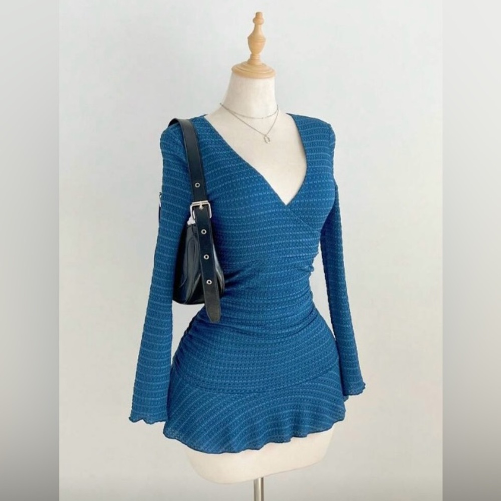 NEW BLUE Y2K V NECK DRESS